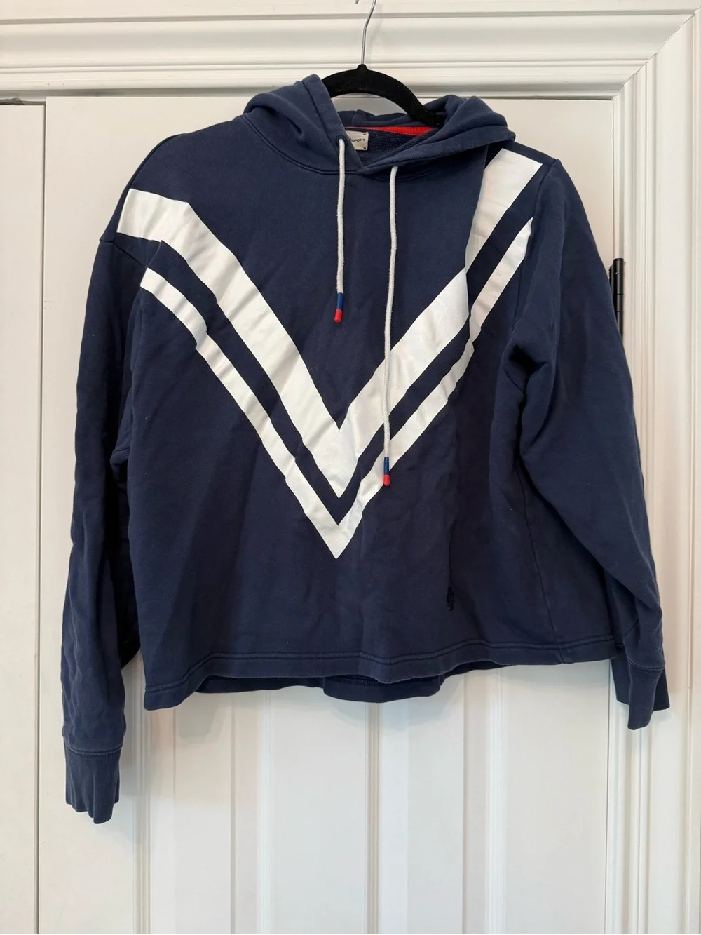 Tory Burch Tory Sport Navy White FRENCH TERRY CHEVRON HOODIE Pullover Small